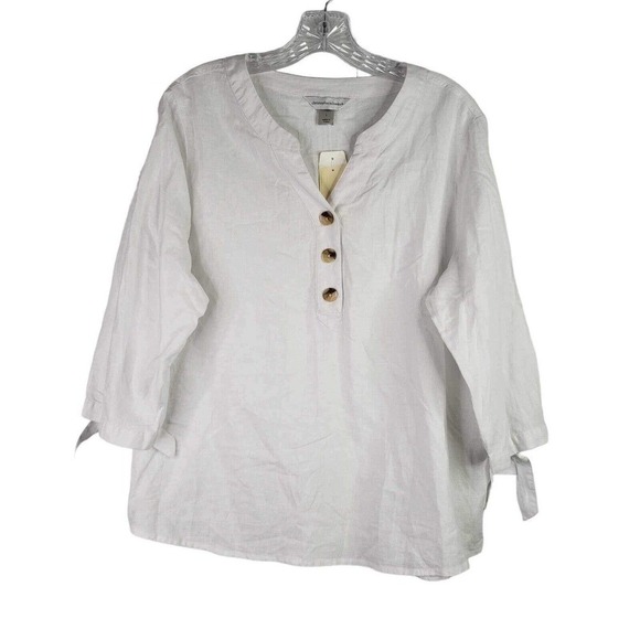 Christopher & Banks CJ Tunic Top Women's Large White V-Neck Linen Rayon Popover - Picture 2 of 10